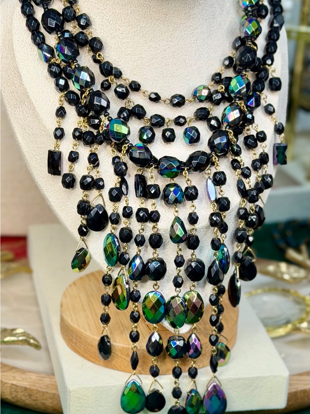 Joan Rivers Grand Finale Waterfall Necklace Aurora Borealis Black Crystals